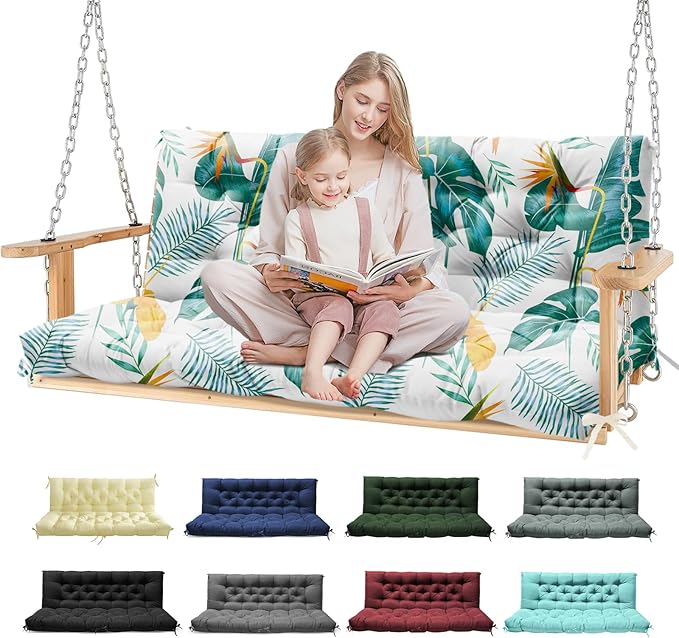 Porch Swing Cushions, Waterproof Patio Swing Cushions for Outdoor Furniture Thickened Outdoor Swing Bench Cushions 2-3 Seater Replacement with Ties for Patio Swing, Yellow-Green Leaves