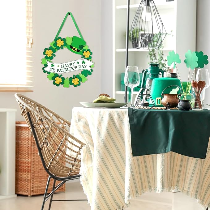 Wooden St Patricks Day Wreaths for Front Door Decoration Shamrock Door Sign Wall Signs Clover Spring Decoration, Irish Sign Welcome Hanging for Home Decor Party Outdoor Indoor Supply 3D Glitter