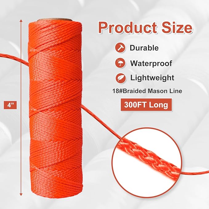 Mason Line String Line,300 Ft Length Nylon Twine,18 Braided Nylon String for Gardening Or Masonry Tools,Twine String for Gardening,Orange