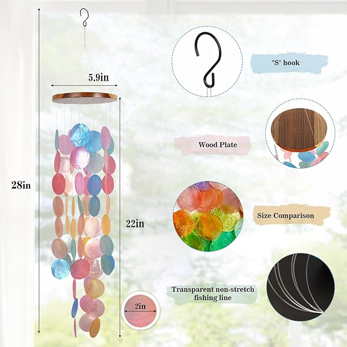 ASTARIN Capiz Shell Wind Chime for Outside 28” Handcrafted Windchime Outdoor Beach Chimes Garden Decor Gift for Women