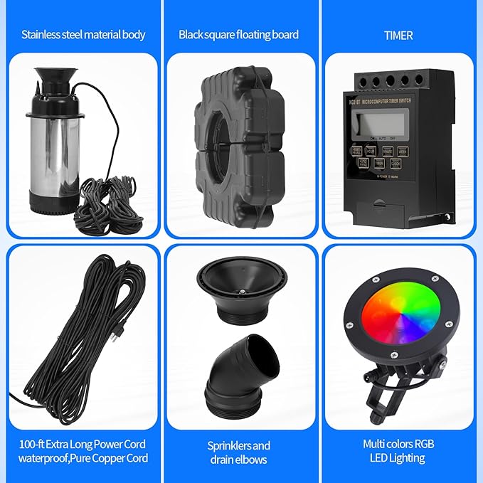 1HP Pond Fountain Aerator for Large Pond & Lake, 15000 GPH Pond Fountain with 4 RGB Lights, 110V/750W Stainless Steel Floating Aerating Fountain with Timer, 100 ft Power Cord & 200 ft Nylon Rope