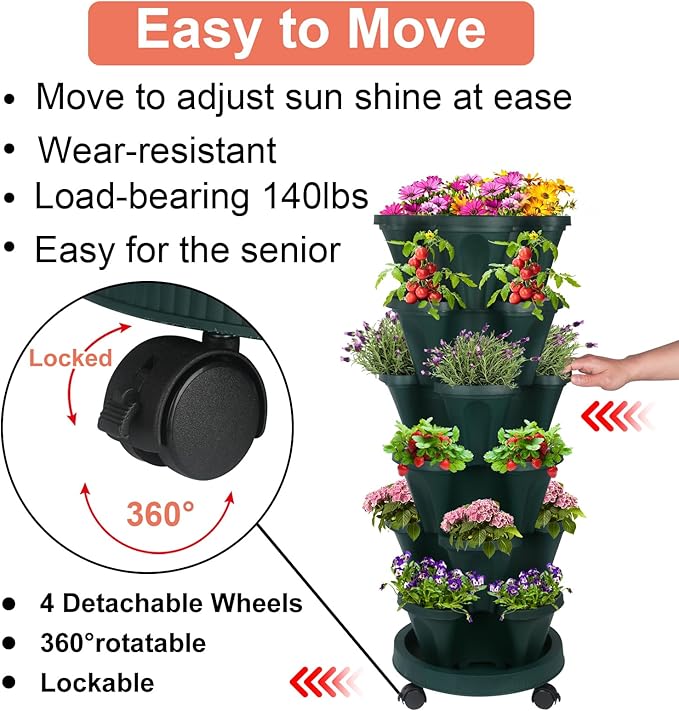 DUNCHATY Stackable Planter, Vertical Garden Planter with Wheels and Tools, Self Watering Strawberry Planter Indoor/Outdoor 6 Tier Herb Planter Pots for Growing Vegetables and Succulents,Pine Green