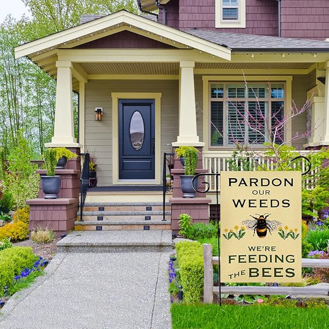 Summer Garden Flag Pardon Our Weeds We're Feeding The Bees Vertical Double Sided Decorative Yard Sign for Outdoor Decoration 12.5 X 18 Inch