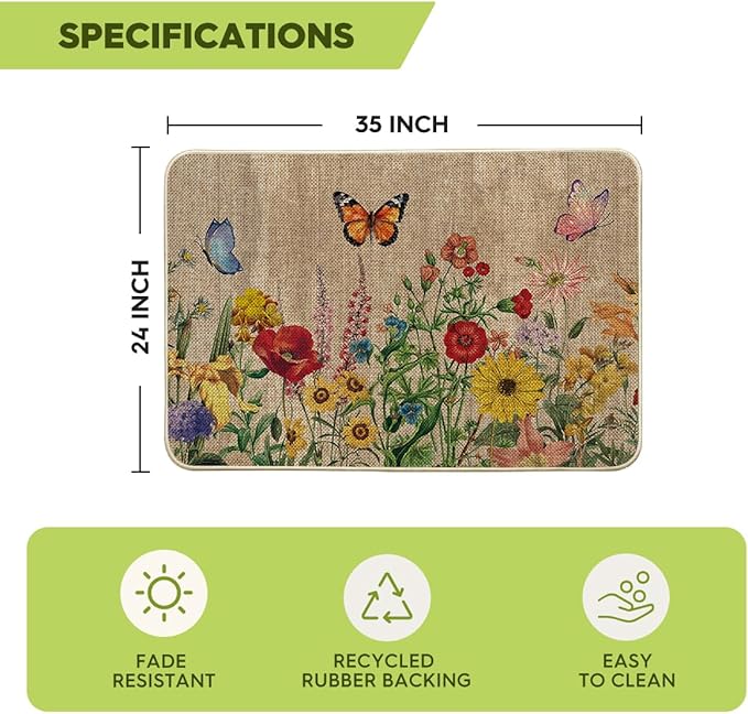 Artoid Mode Wood Flowers Butterfly Spring Doormat, Home Summer Decor Low-Profile Switch Rug Door Mat Floor Mat for Indoor Outdoor 24x35 Inch