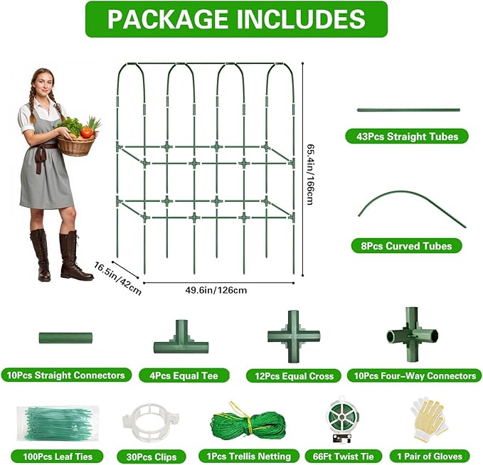 65in Tall Cucumber Trellis for Raised Bed, 50" L x 65" H Metal Garden Trellis for Climbing Plants Outdoor, U-Shape Vegetables Trellis Support for Squash Zucchini Peas Grape Flowers