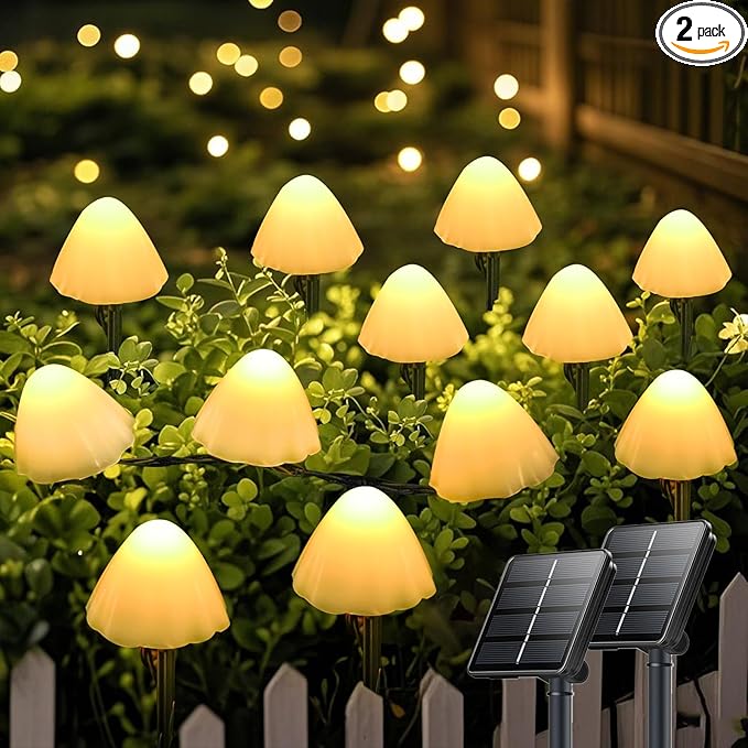 OZS 2PK 32LED 55FT Mushroom Solar Garden Lights Outdoor, Solar String Lights Waterproof with 8 Lighting Modes, Solar Garden Decor for Outside, Pathway Light for Yard Decoration (Warm White)