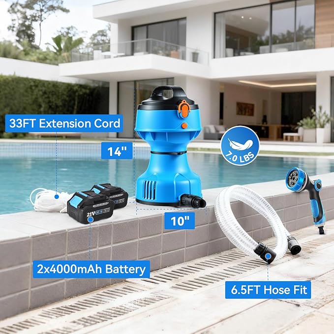 1/4HP Cordless Water Transfer Pump Submersible Water Pump 750GPH 30FT Head IPX8 Included 2x4000mAh 21V Battery and Charger Pool Cover Pump 3/4" Outlet for Pool Pond Garden Bathtub RV Boat