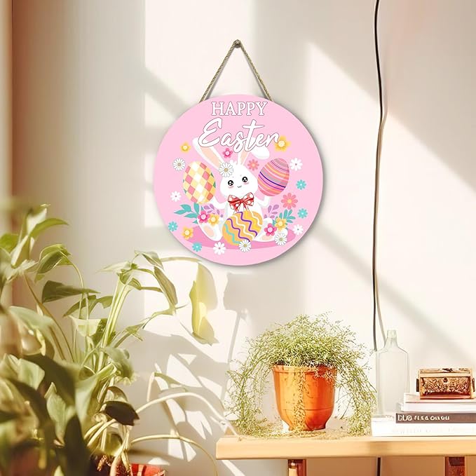 Happy Easter Bunny Front Door Signs Pink Easter Rabbit Eggs Door Hanger Spring Floral Wooden Porch Door Hanging Sign Farmhouse Decorations for Home Holiday Party