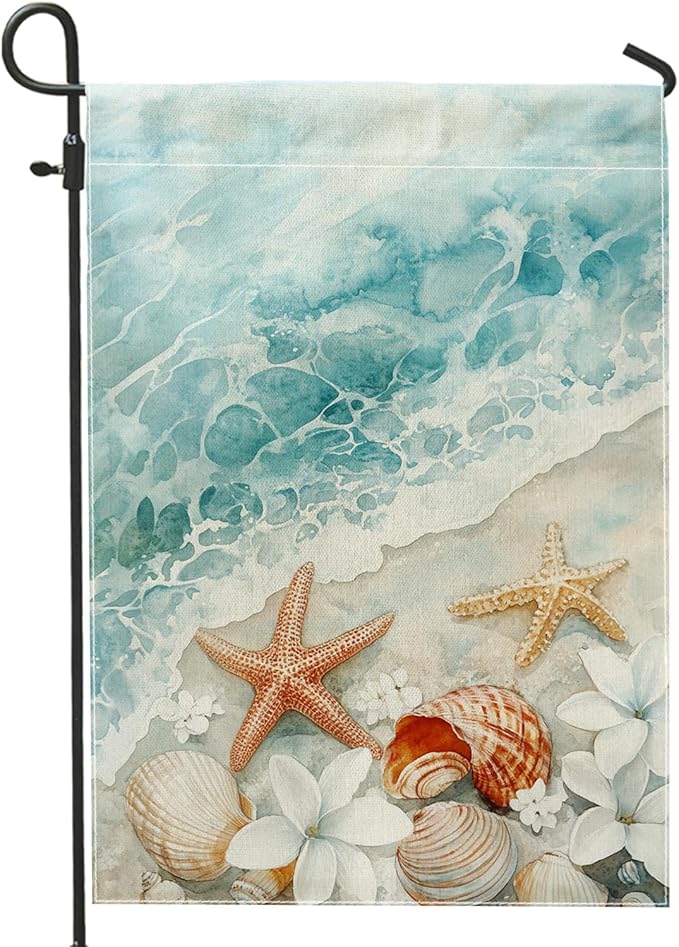 Coastal Ocean Sea Shells Garden Flag, Soft Blue Shells Starfish Outdoor Decor Banner, Double Sided Fabric Yard Flag Summer Lawn Decoration 12x18 Inch