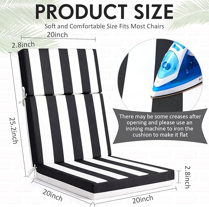 4 Pack Outdoor High Back Chair Cushion, 44 x 20 inches Patio Chair Cushions Waterproof Rocking Cushions Indoor Furniture Seat Pad, Weather Resistant (Stripe,Black White)