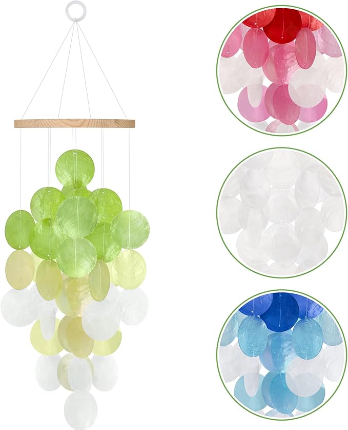 Wind Chimes for Outside, Handcrafted Green Gradient Capiz Shells Windchime Coastal Style Decor for Indoor/Outdoors, Garden Decors, Great Gift for Women, Beach Hanging Decor, Wind Chimes Lovers