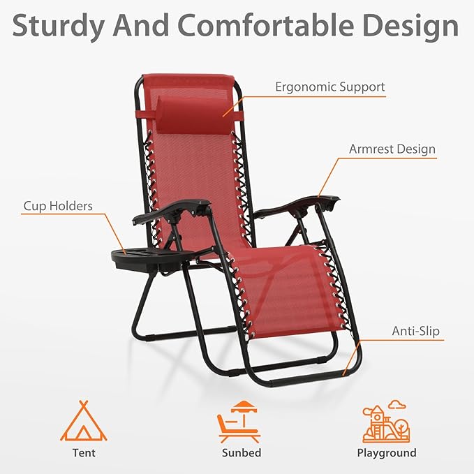 Zero Gravity Chairs, Portable Folding Reclining Lounge Chairs with Adjustable Pillow and Cup Holder Trays for Outdoor, Patio, Beach, Camping, Garden, Poolside, Wine Red