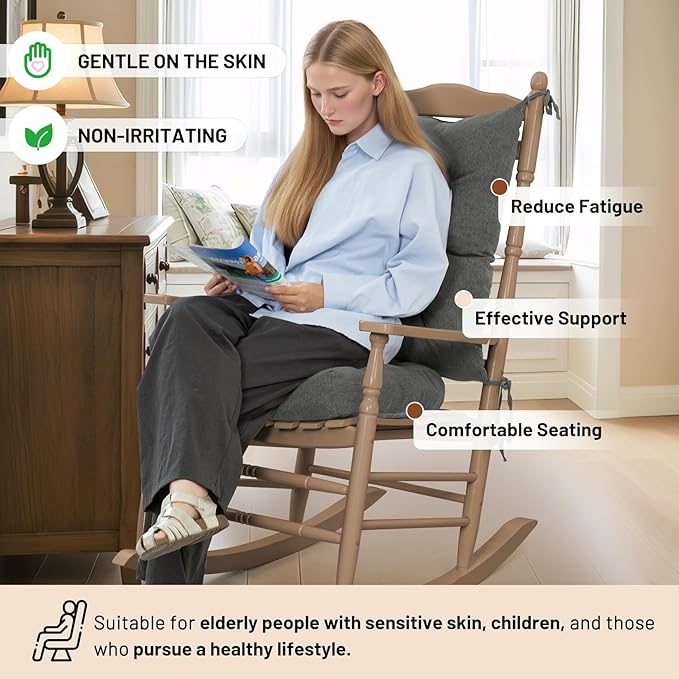 Lokex Rocking Chair Cushion 4 Inch Extra Thick, Cushions for Rocking Chairs Set of Seat and Back with Ties, Linen Fabric Indoor Outdoor Rocker, 17x21 & 17x17 Inches (Dark Grey)