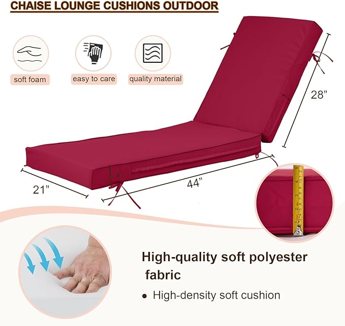 Outdoor Chaise Lounge Cushions, 4 Inch Thick Waterproof Fade Resistant Patio Furniture Lounger Chair Cushion Pad for Pool (1, Burgundy, 72'' L x 21'' W x 4" T)