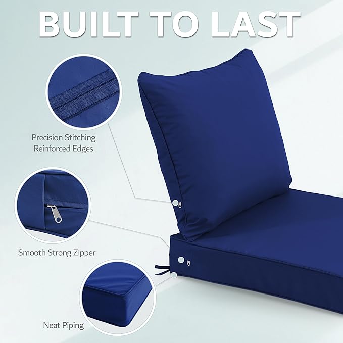 19x19 Inch Patio Chair Cushion with Removable Cover, Outdoor Furniture Cushion - Water-Repellent, Fade-Resistant, Non-Slip Bottom & Straps, Replacement for Lawn, Porch & Deck Chair - Navy