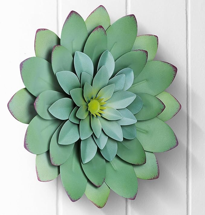 Everydecor Succulent Metal Flowers Wall Decor – Green, Hand Painted, 3D Flower Art Decoration for Living Room, Bedroom, Kitchen, Bathroom - Floral Decor for Indoor & Outdoor Use