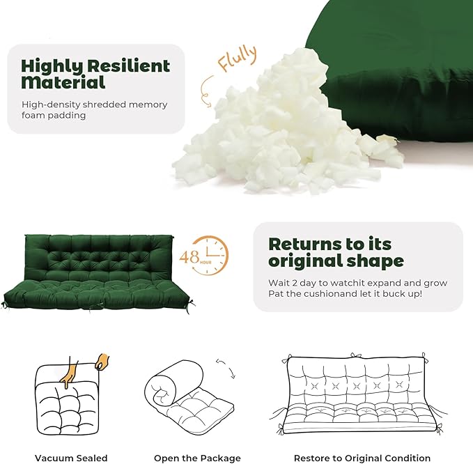 Porch Swing Cushions, Patio Swing Cushions Waterproof for Outdoor Furniture Thickened Outdoor Swing Bench Cushions 2-3 Seater Replacement with Ties for Outdoor Patio Swing (Green, 60x40 in)