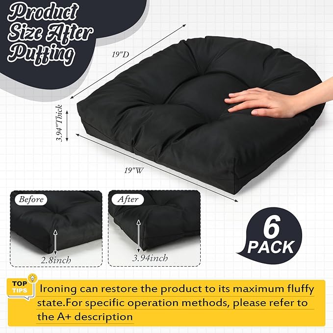 Thyle Outdoor Chair Cushions Set of 6 Waterproof Sun Protection Square Tufted Overstuffed Patio Furniture Seat Cushion for Patio Furniture Dining Indoor 19" x 19"(Black)