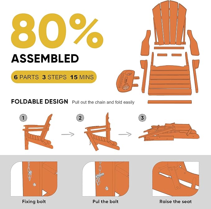 Adirondack Chair Set of 6, HDPE Folding Adirondack Chair with Multifunctional Cup Holder, Weather Resistant Fire Pit Chair for porches, patios, poolsides, Decks.