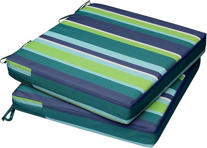 AAAAAcessories Outdoor Seat Cushions for Chairs, Waterproof, Fade-Resistant, 18" x 18" x 2", Patio Furniture Replacement Cushions, Set of 2, Ash Teal Seaside Stripe