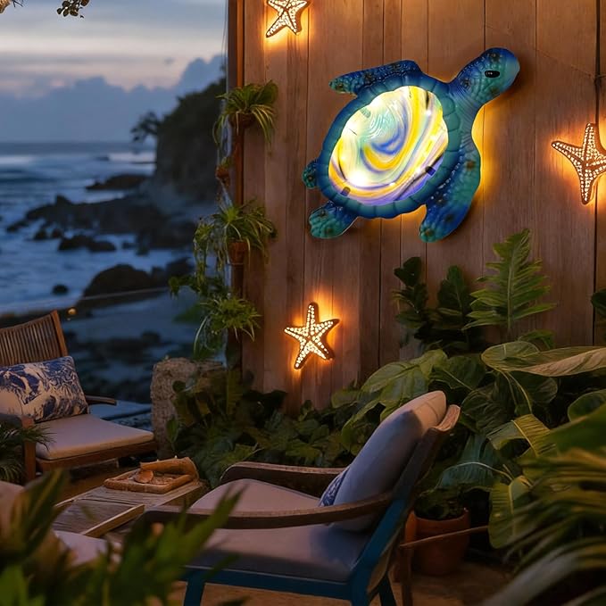 LIFFY Metal Fish Wall Decor with Frame-Outdoor Wall Art, Wall Decor with LED Fairy Lights, Fish Glass Art Wall Sculpture for Patio,Beach,Garden,Yard,Pool,home gift(2pcs, Blue) (Light Turtle)
