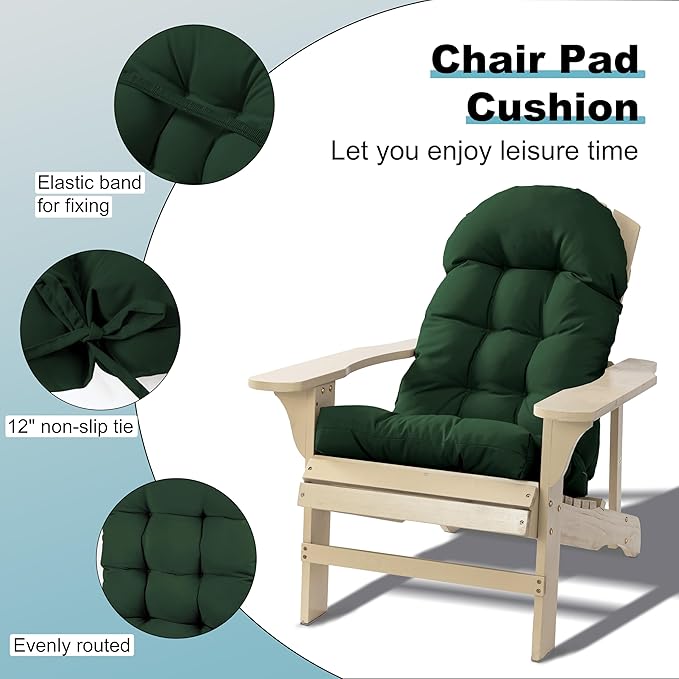 Large Adirondack Chair Cushion, Rocking Chair Cushion 50x20.8x4 inch, High Back Patio Cushions of Upper and Lower with Ties, Sunscreen and Fade-Resistant (Dark Green, 2)