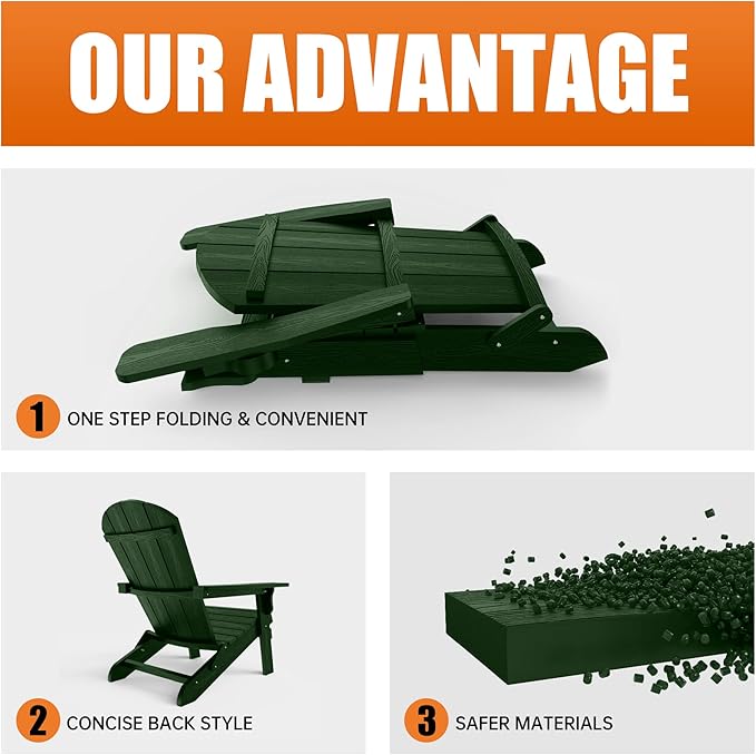 YEFU Adirondack Chair Set of 2, Folding Oversized Plastic Adirondack Chair with Cup Holder, Lawn Chair with Weather Resistant for Outdoor Deck Garden, Weight Capacity Up to 400 Lbs–Green