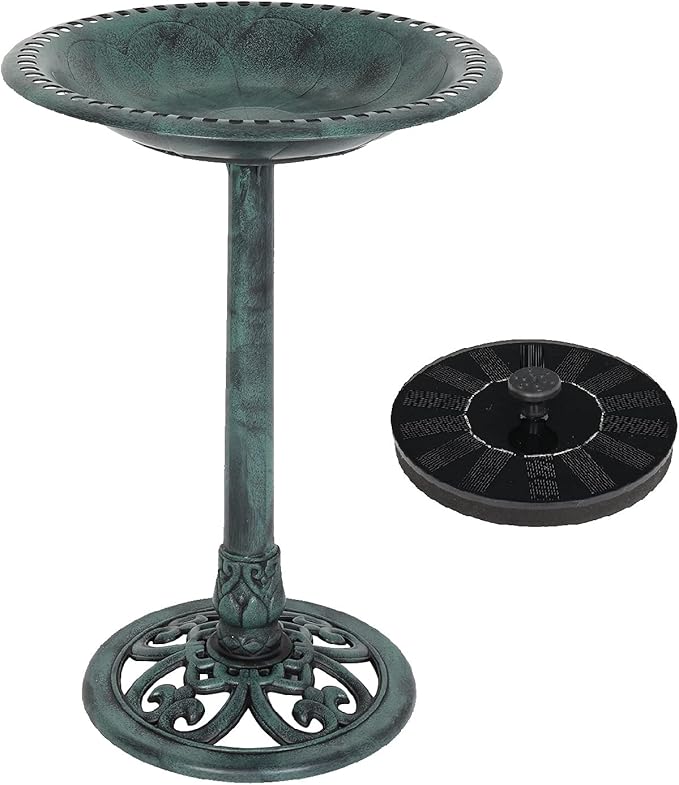 VINGLI 28 Inch Pedestal Bird Bath Solar Fountain Birdbaths with Steel Ground Anchors Weather Resistant Resin Antique Green Garden Decor for Outdoor Lightweight Courtyard…