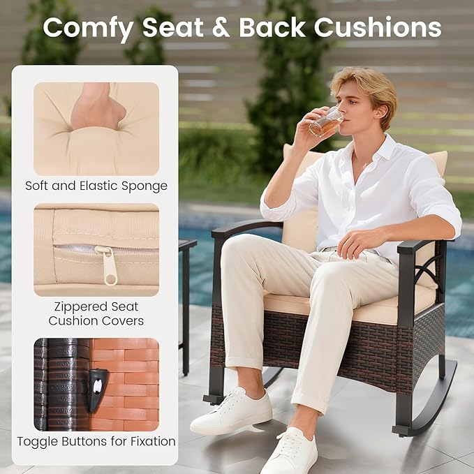 Tangkula 3 Pieces Outdoor Rocking Chairs Set, Rattan Heavy Duty Cushioned Rocker Chairs with 2-Tier Tempered Glass Coffee Table, for Garden, Balcony, Backyard (Beige)