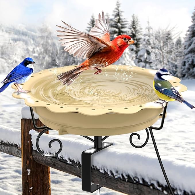 Heated Bird Bath for Deck Railing, Powerful 100W Thermostatically Controlled Heated Bird Baths for Outdoors for Winter, Heated Birdbath Water Heater for Outside Garden Yard Patio Lawn (Khaki)