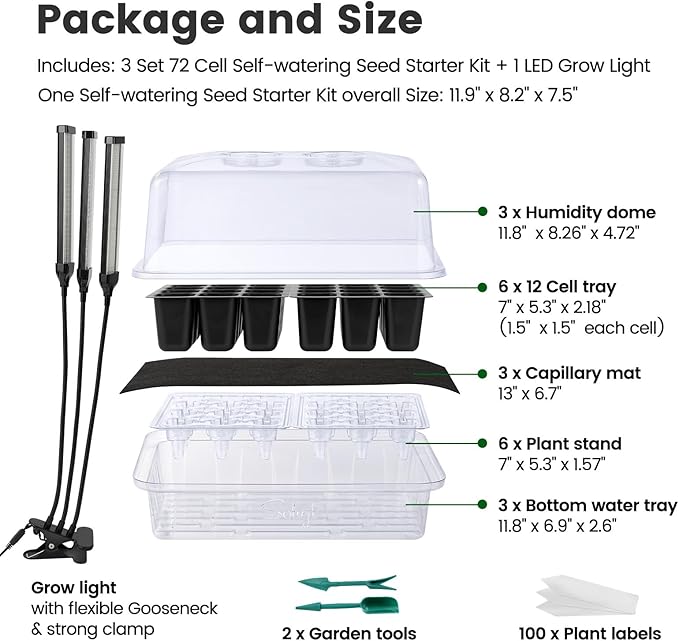 SOLIGT 72 Cell Self Watering Seed Starter Trays with Grow Light, 3 Seed Starter Kit with Humidity Domes, Full Spectrum Seedling Light with 8/12/18H Timer for Seed Starting, Seedling Growing