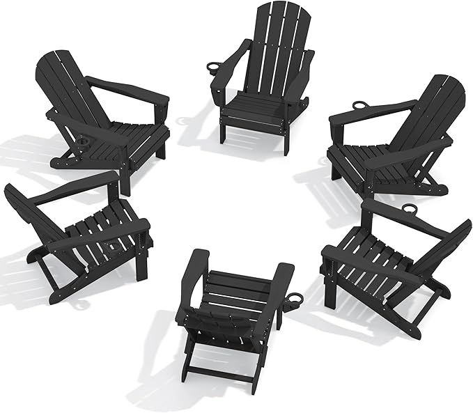 SERWALL Folding Adirondack Chair Set of 6, Adjustable Adirondack Chair with 3 Recline Positions, All Weather HDPE Outdoor Adirondack with Cup Holders, Black