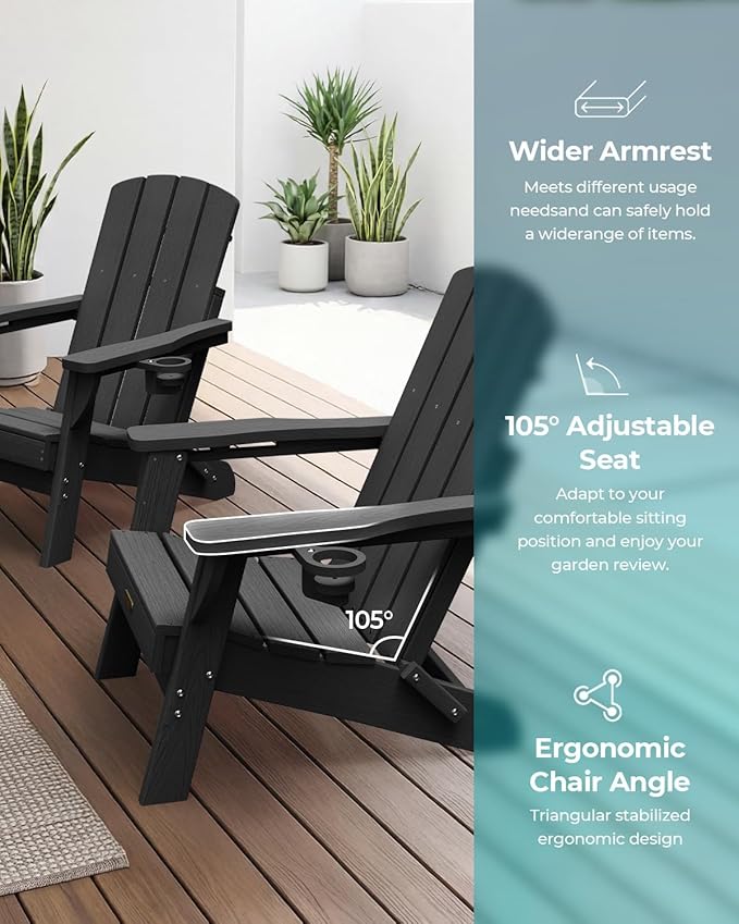 Folding Adirondack Chair 4 Pack, HDPE All-Weather Fire Pit Chairs, Plastic Adirondack Chairs with 2 Cup Holder, Outdoor Lawn Chair for Patio Garden (Black)