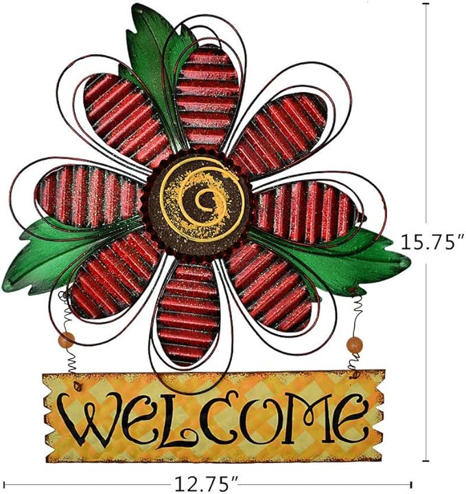 Large Rustic Metal Red Flower Welcome Wall Art Decor Hanging Metal Flower Welcome Door Wreath Kitchen Living Room Bathroom Patio Garden Yard Wall Decoration