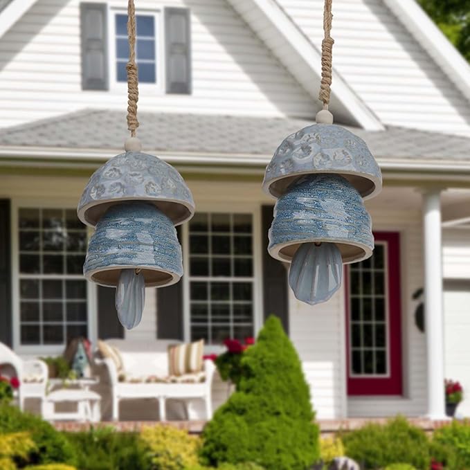 DiliComing Outdoor Wind Chimes Garden Decor - 2-Pack Ceramic Wind Chimes for Outside Deep Tone Memorial WindChimes Weather Resistant Outdoor Porch Front Door Sympathy Bell Gift for Mom Grandma