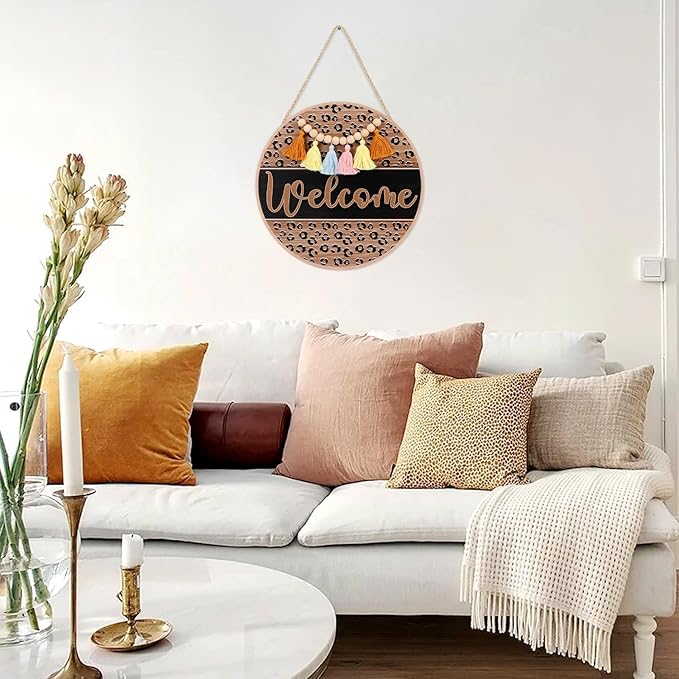 HLNIUC Welcome Hanging Sign Plaque(11”x11”) Rustic Farmhouse Hanging Plaque,Welcome Door Hanger with Beads Tassels,Minimalist Office Wooden Signs,Funny Front Wood Sign for Porch Home Outdoor Indoor