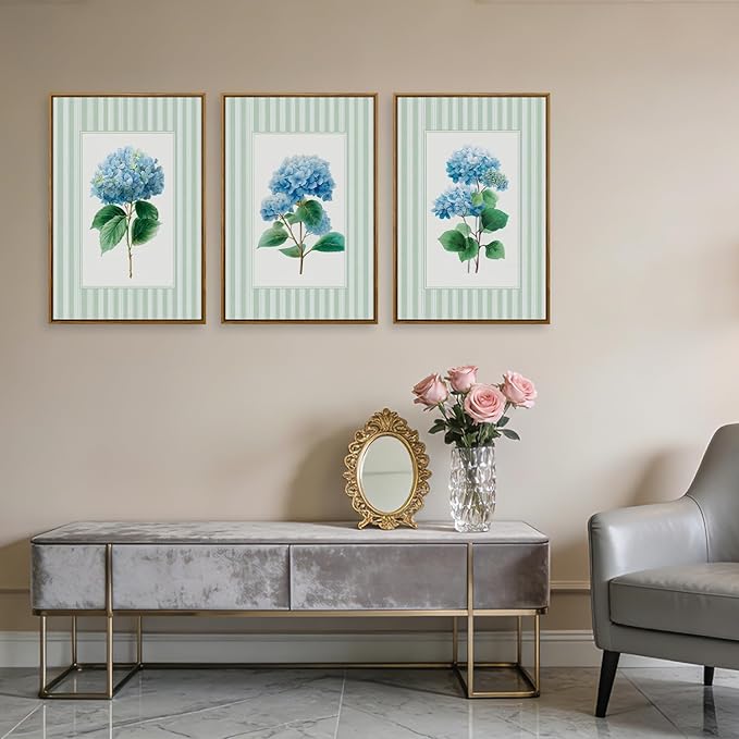 QTUSYUR Striped Blue Hydrangea Wall Art - Large Farmed Minimalist Art Print - Farmhouse Floral Canvas Artwork for Bedroom Living Room- Modern Elegant Flower Wall Pictures for Home Decor 16”×24”×3