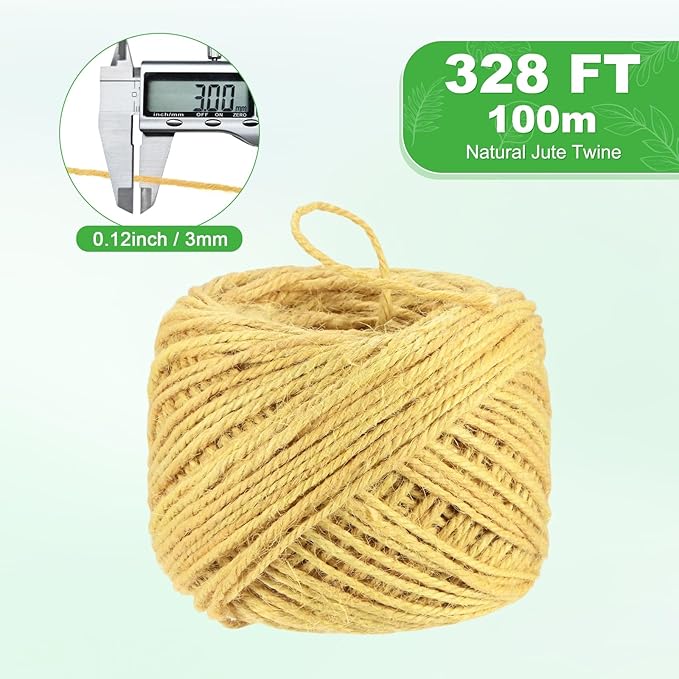 1-Pack Natural Jute Twine String, 3mm x 328ft/100m Long Garden Twine Balls for Crafts/Gift Wrapping/Gardening Plants, Durable Plant Ties Thick Rope [Light Yellow]