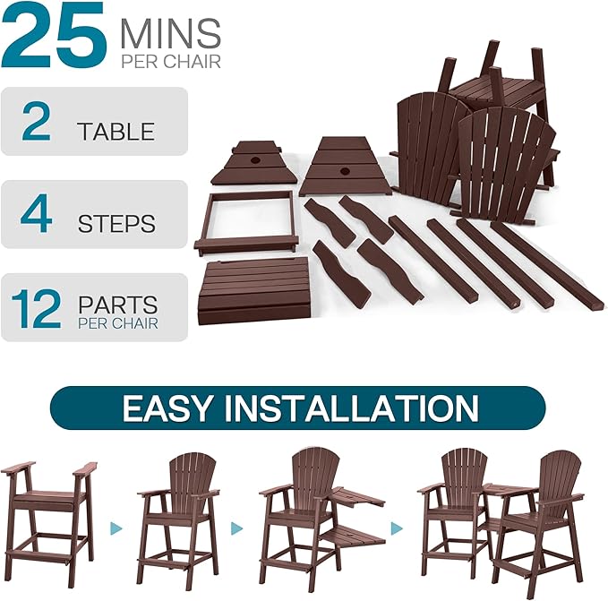 Tall Adirondack Chairs Set of 4, HDPE Balcony Chair with Double Connecting Tray, Weather Resistant Outdoor Adirondack Bar Stools for Patio, Deck, Patio, Backyard, Balcony. (Brown)
