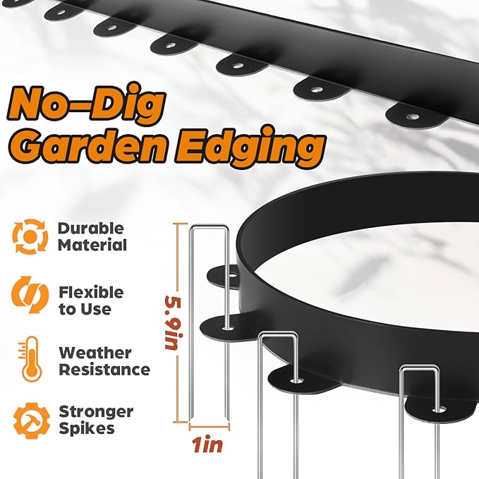Landscape Edging, 2.0" x 80' Plastic Garden Edging with 100 Pcs Metal Spikes, Flexible Garden Border for Lawn, Landscaping, Flower Beds