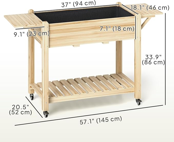 Outsunny Raised Garden Bed, 57 x 20.5 x 34 in Wood Elevated Planter Box with Lockable Wheels, Side Tables and Bottom Shelf, Outdoor Raised Planter with Bed Liner and Drainage Holes, Natural