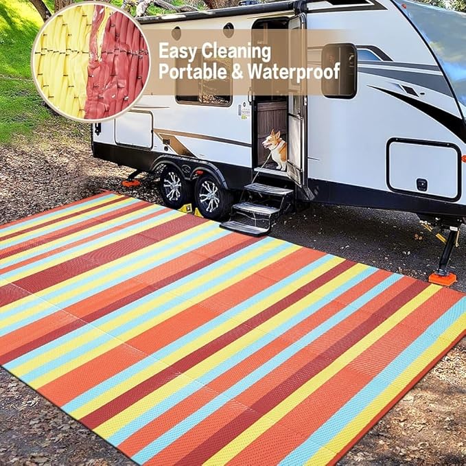 HUGEAR Outdoor Waterproof Rug 9'x12' Plastic Straw Rugs Washable Reversible Floor Mat Rainbow Stripe Carpet for Camping RV Deck Entryance Porch Picnic Balcony Beach Backyard