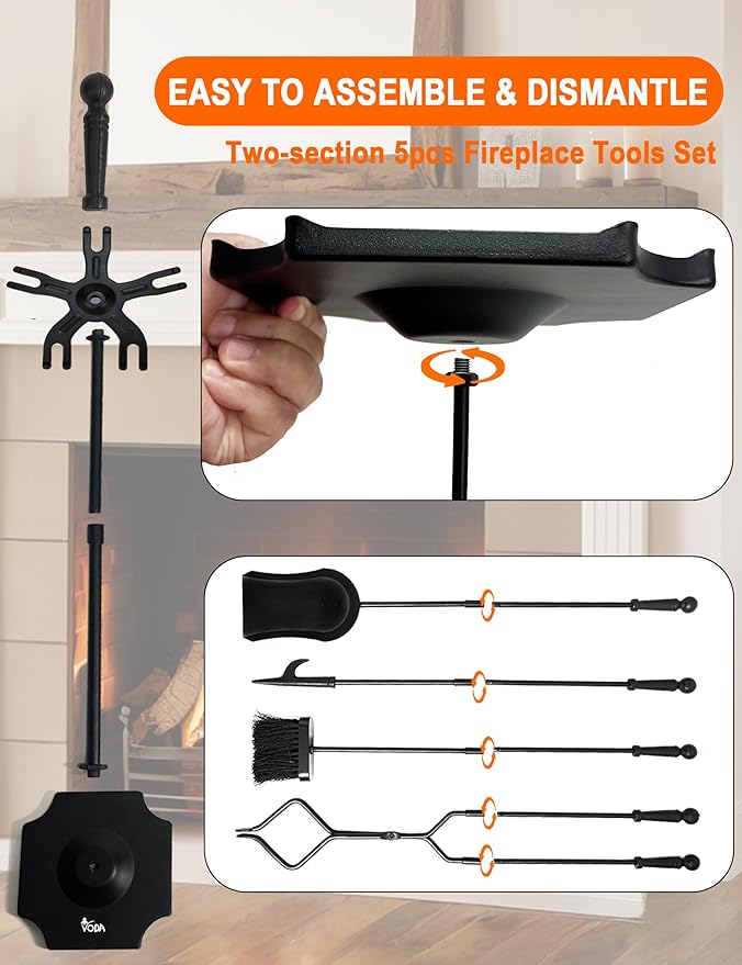 VODA Large 5 Pcs Fireplace Tools Set Black Fire Place Tools Indoor Outdoor Fire Place Poker Set with Stand, Including Fireplace Poker,Fireplace Tongs,Fireplace Shovel,Fireplace Brush and Sturdy Base