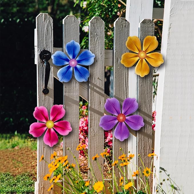 Giyyomtr Flowers Outdoor Wall Decor - 4 Pack 6.2'' Metal Flower Wall Art Hanging Decorations for Outdoor Fence Garden Yard Patio Decor, Gift for Mom Friends