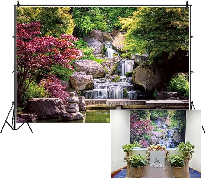 7x5ft Japan Garden Landscape Backdrop Waterfall Backdrop Maple Trees Bridge Kyoto Garden Travel Scenery Photography Background Japanese Backdrops for Photoshoot