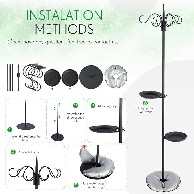 2 Sets 75.9" Shepherd's Hook Stand for Bird Feeder, Hanging Plant, Wind Chime, Waterproof Metal & Adjustable Standing Pole Holder for Indoor Outdoor, with 2 Rack & Weight Bag (4 Hooks)