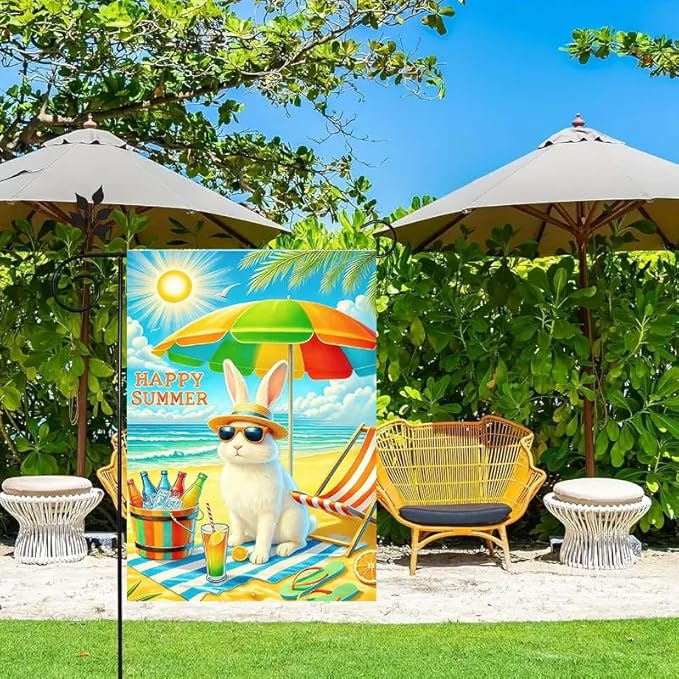 Summer Garden Flag 12x18 Double Sided, Burlap Outdoor Beach Sea Bunny Garden Flags Summer Coastal Decorations, Small Decorative Ocean Yard Flags for Outside Lawn Porch Décor