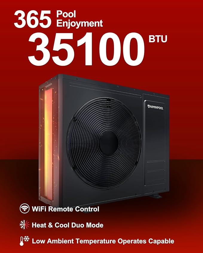 Smart WiFi Control via APP 35100 BTU Pool Heat Pump for 10000 Gals In and Above Ground Pools, Heating and Cooling Mode, Titanium Heat Exchanger, 240V