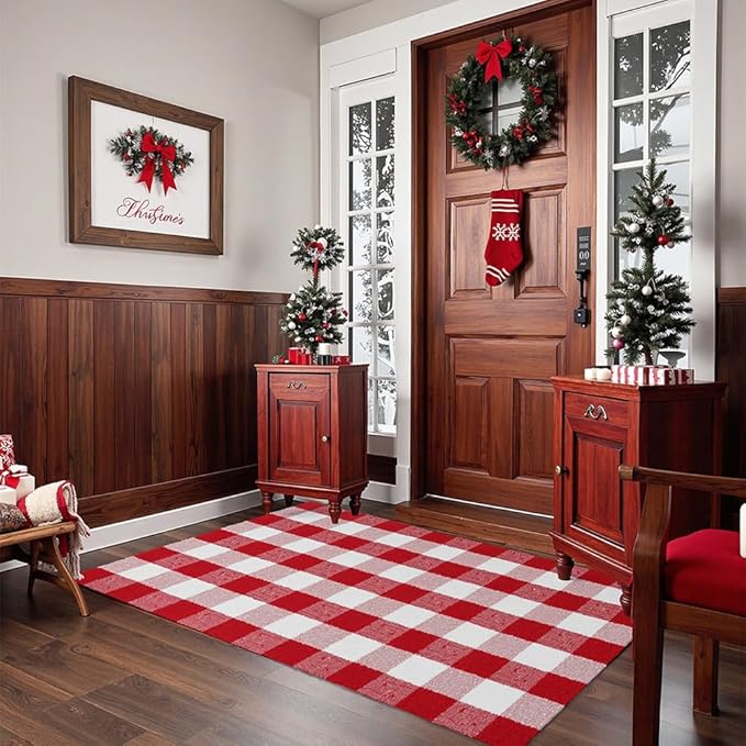MUBIN Cotton Red White Plaid Plaid Rug, 3'x5' Outdoor Front Door Decor Mat, Hand-Woven Reversible Foldable Rug for Layered Door Mats Washable Carpet for Front Porch, Entryway, Farmhouse