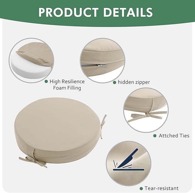 Outdoor Bistro Chair Cushions Set of 2, 15" D x 3" H Round Chair Cushions Waterproof and Fade Resistant Chair Cushion Pads with Non-Slip Ties and Removable Covers for Garden, Cream